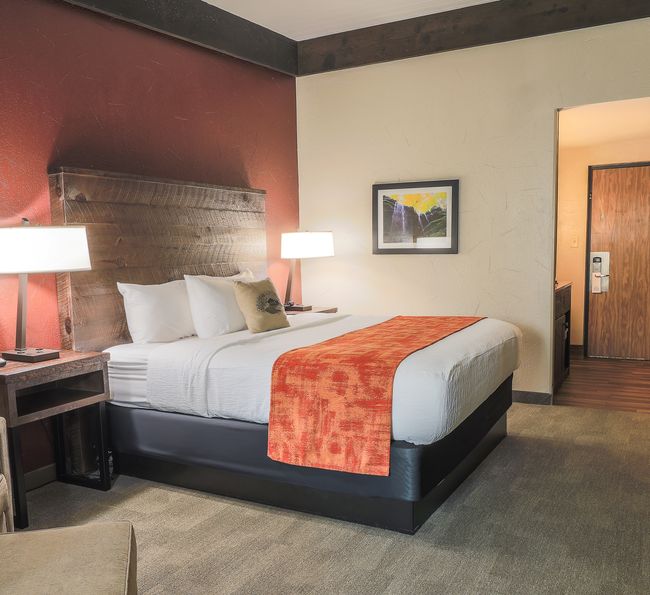 Guestroom with a King Bed and Chair / ottoman.